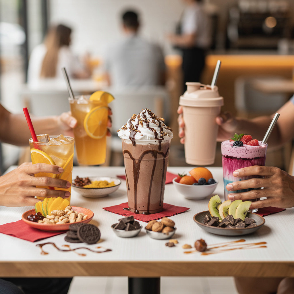 The ThickShake Factory diverse customers enjoying thick shakes, protein shakes and specialty beverages in social and post-workout settings