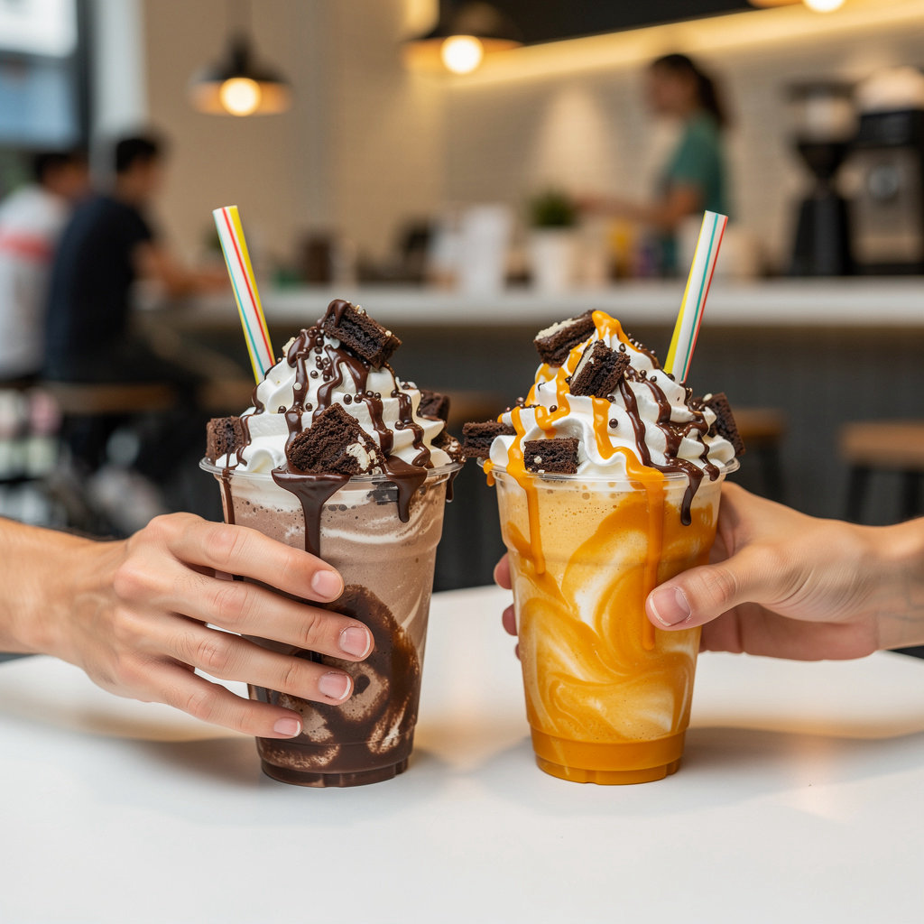 The ThickShake Factory outlet interior with customers enjoying thick shakes and specialty beverages in a welcoming, social atmosphere